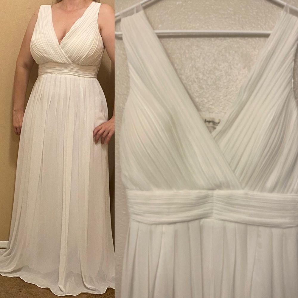 White V-Neck formal Evening wedding Dress maxi gown Floor Length XL 12-14